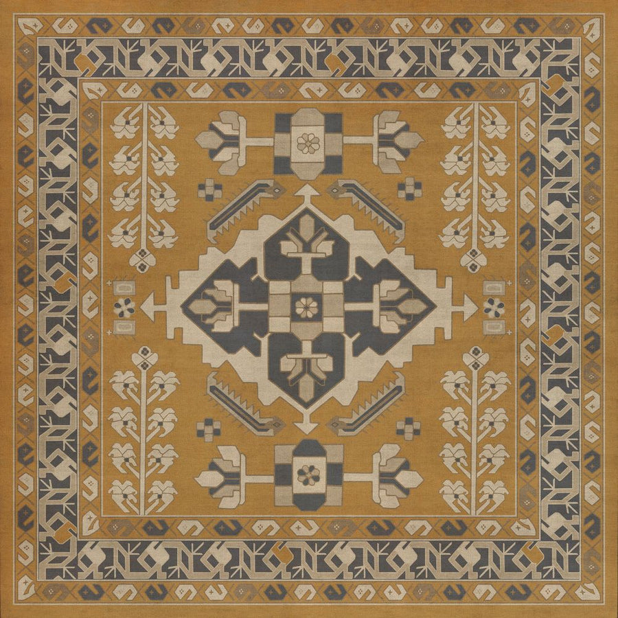 Spicher and Company 4'0 x 4'0 Beige/Grey/Brown - Frumos Round/Square Persian Bazaar Vintage Vinyl Kintala Area Rug | Kid & Pet Friendly