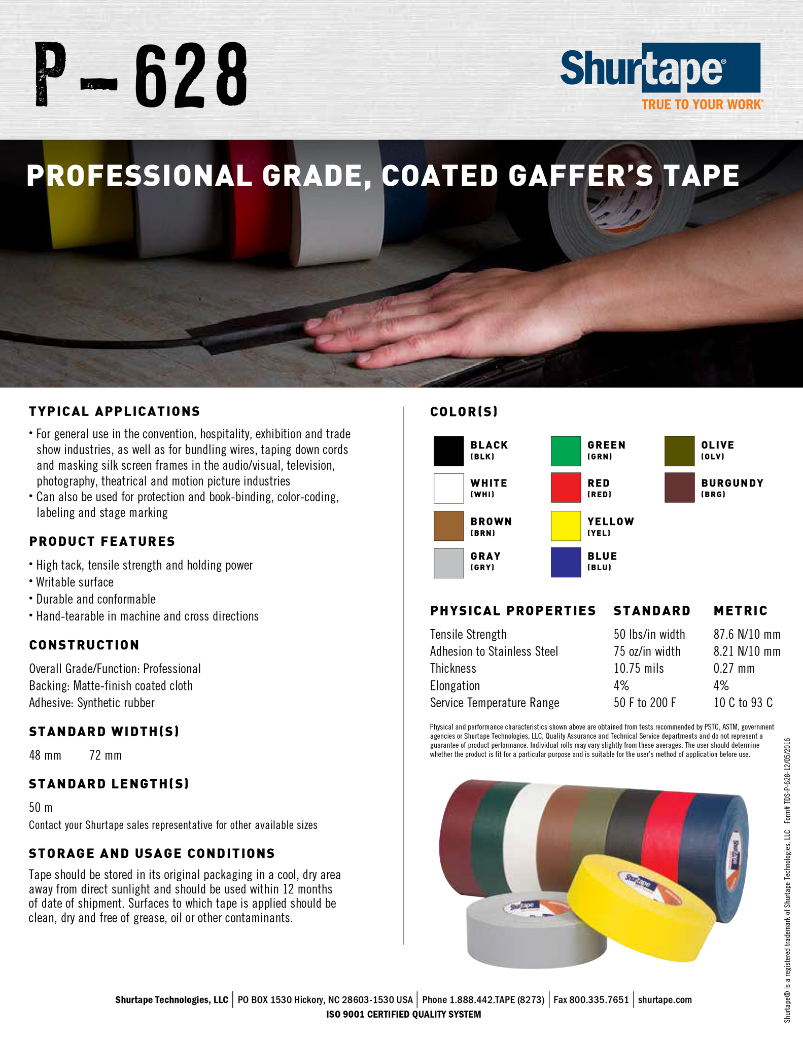 P- 628 Professional Grade, Coated Gaffer's Tape - Shurtape