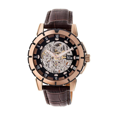 Reign Philippe Automatic Skeleton Leather-Band Watch - Rose Gold/Black REIRN4606