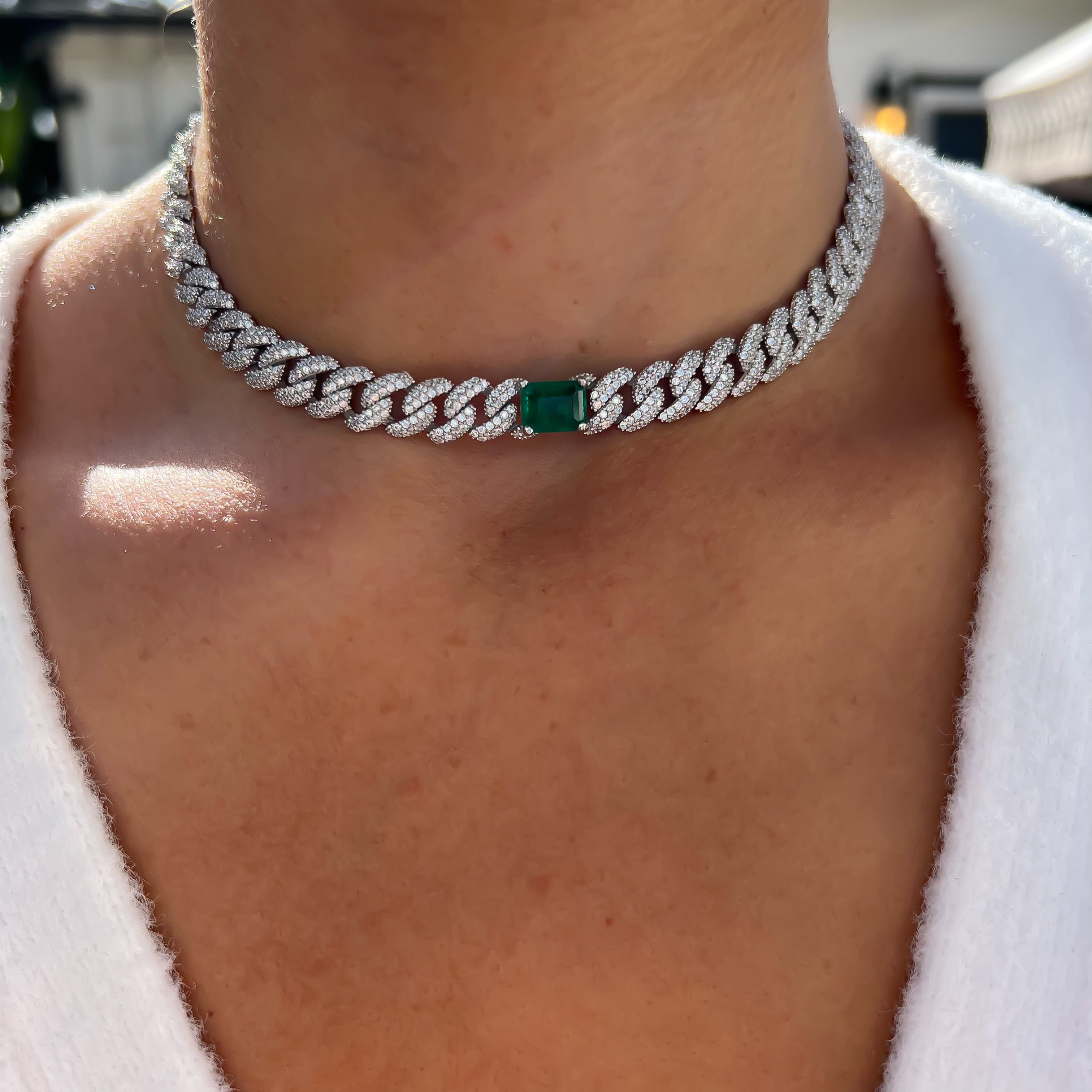 silver emerald cuban link choker – Gemma Azzurro