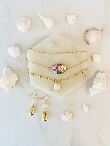 DIY layering necklace sets in gold, pearl and abalone, popular 2021 jewelry trends