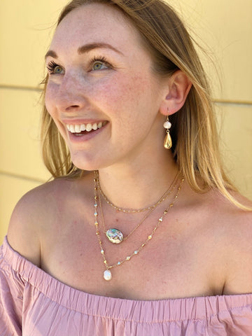 DIY layering necklace sets in gold, pearl and abalone, popular 2021 jewelry trends