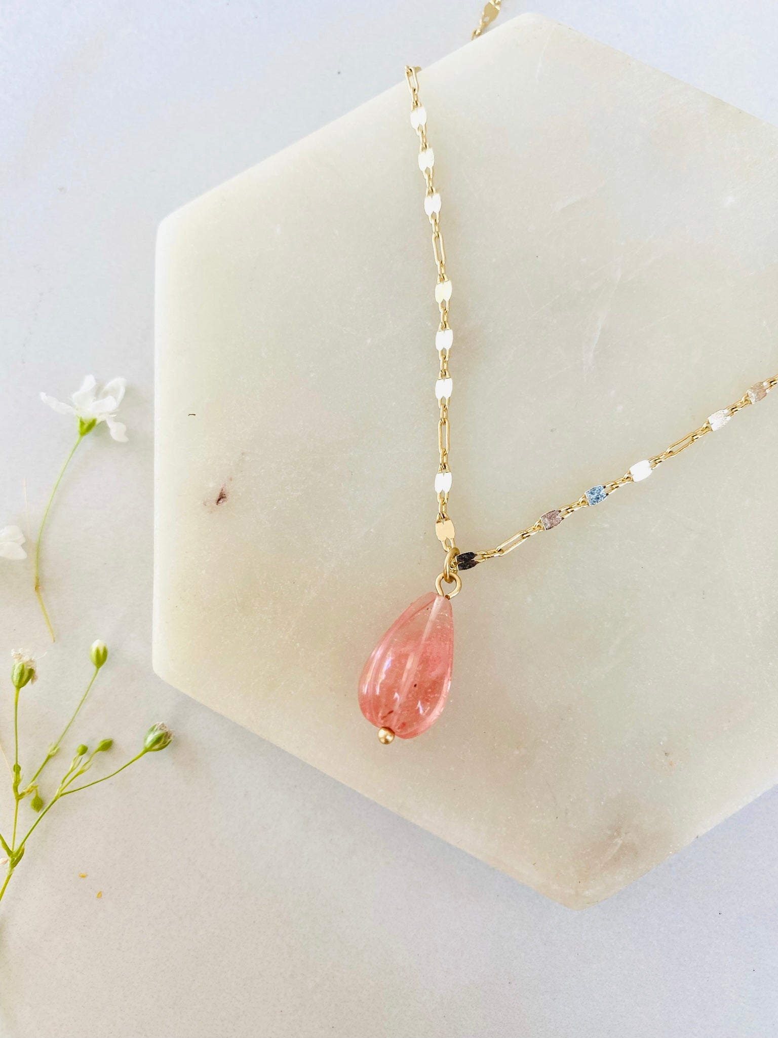 DIY bohemian and popular delicate layering necklace sets in gold, popular 2021 jewelry trends rosy pink floral quartz gemstone teardrop necklace