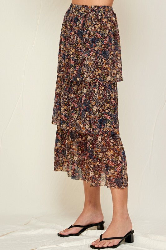 Floral Mesh Tiered Midi Skirt in Chestnut