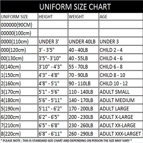 adidas karate uniform size chart