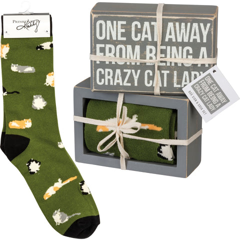 One Cat Away From Being A Crazy Cat Lady Socks And Sign Set