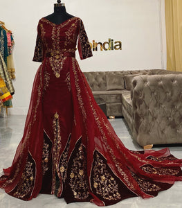 Maroon gown with detachable train