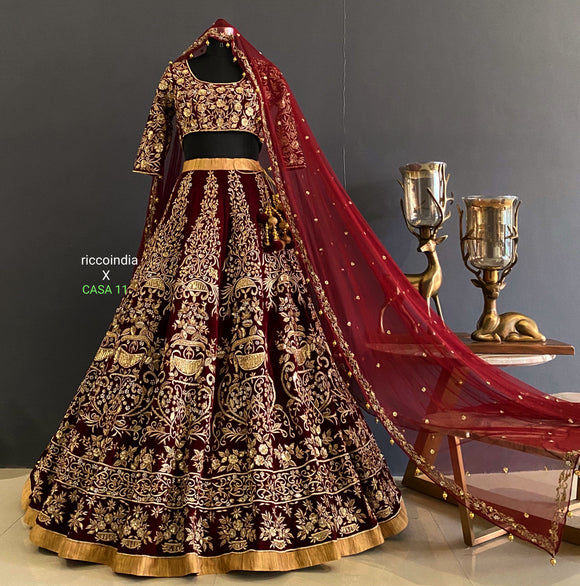 Maroon velvet zardosi work bridal lehenga – Ricco India