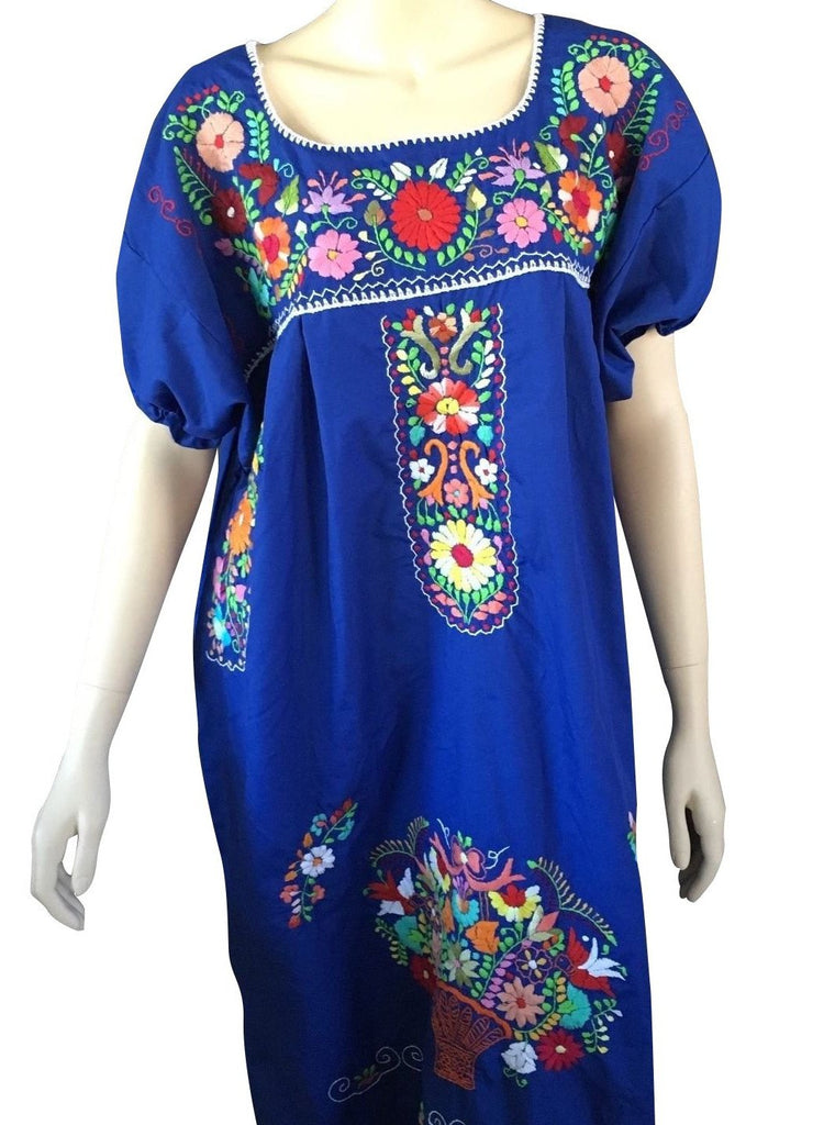 ROYAL BLUE PEASANT EMBROIDERED MEXICAN DRESS – MexiMart