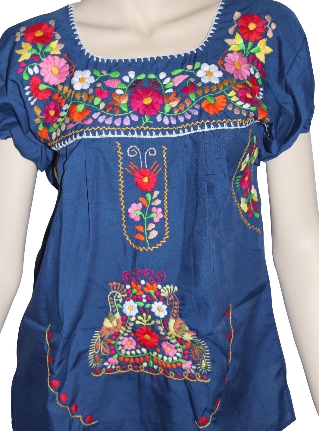 NAVY BLUE EMBROIDERED MEXICAN PEASANT BLOUSE WITH ELASTIC – MexiMart