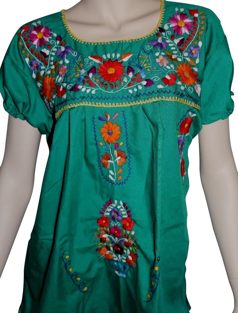 DARK GREEN EMBROIDERED MEXICAN PEASANT BLOUSE WITH ELASTIC – MexiMart