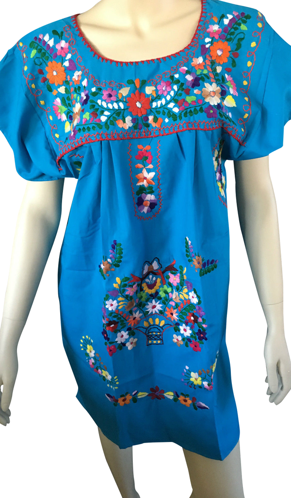 TURQUOISE ABOVE KNEE EMBROIDERED MEXICAN PEASANT MINI DRESS – MexiMart