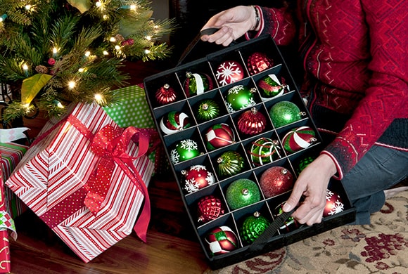 Santa's Bags Three Tray Ornament Storage Bag with Side Pockets removable tray near Christmas tree
