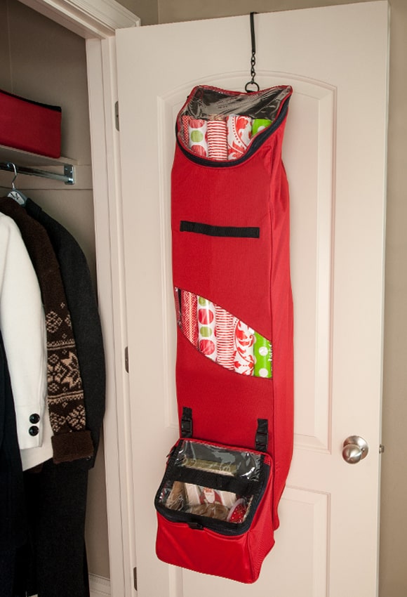 Santa's Bags Hanging Wrapping Paper Storage Bag with removable toolbox hanging on door