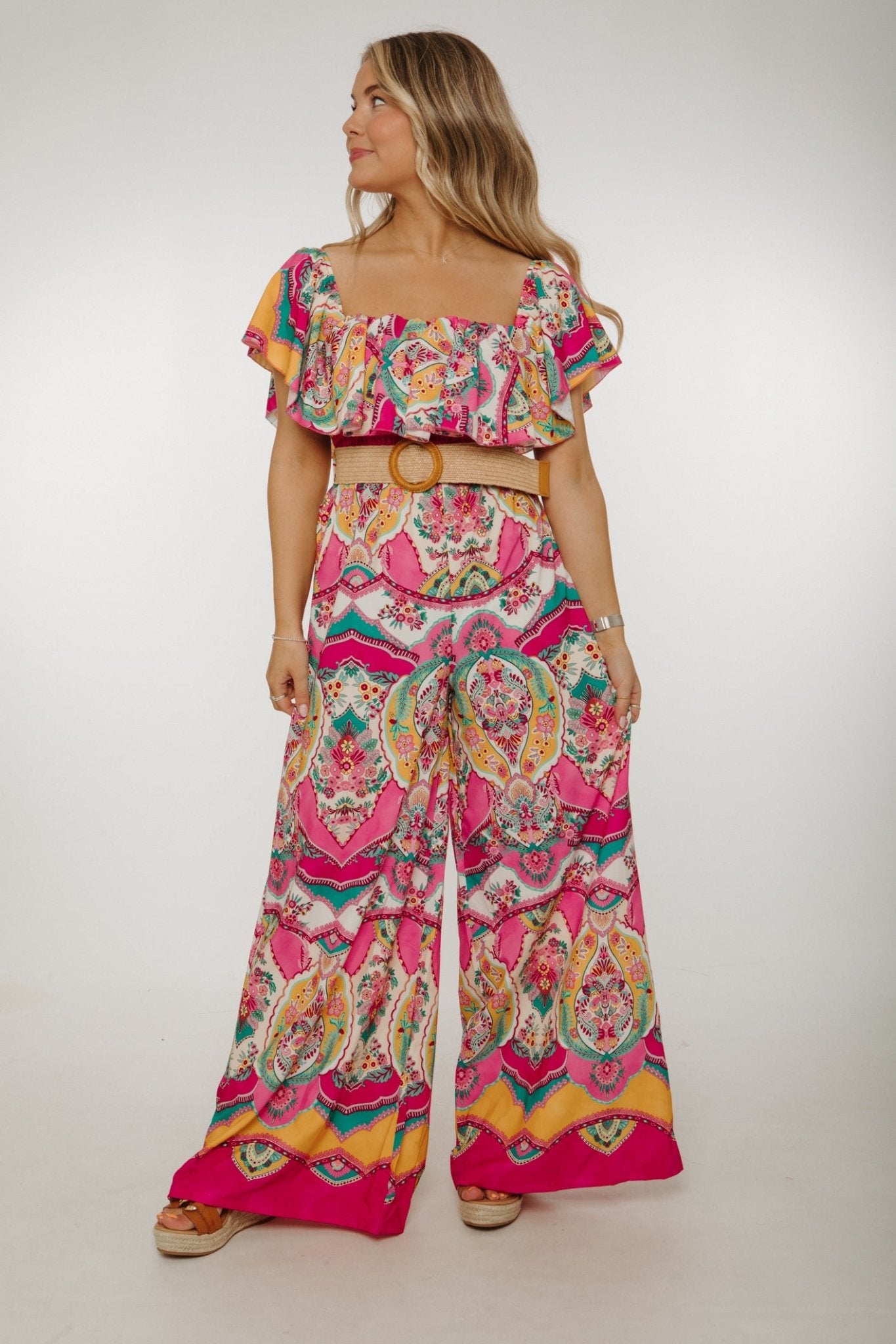 Holly Belted Jumpsuit In Pink Multi - The Walk in Wardrobe