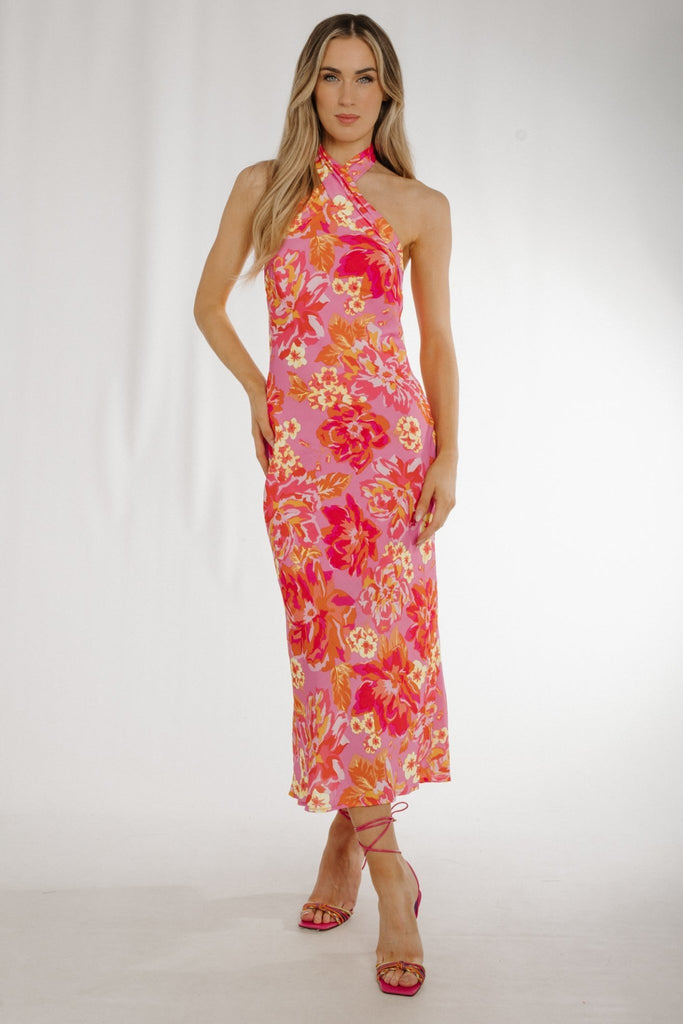 Holly Halter Neck Dress In Pink Mix – The Walk in Wardrobe