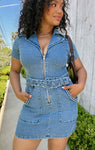 Denim Short Fitted Pocketed Collared Dress