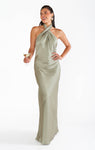 Satin Halter High-Neck Sheath Open-Back Draped Wrap Sheath Dress/Party Dress/Wedding Dress/Maxi Dress