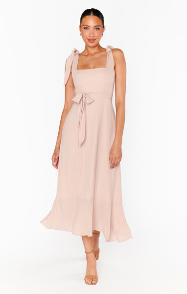 Fitted Flowy Slit Smocked Square Neck Midi Dress With a Bow(s) and a Sash