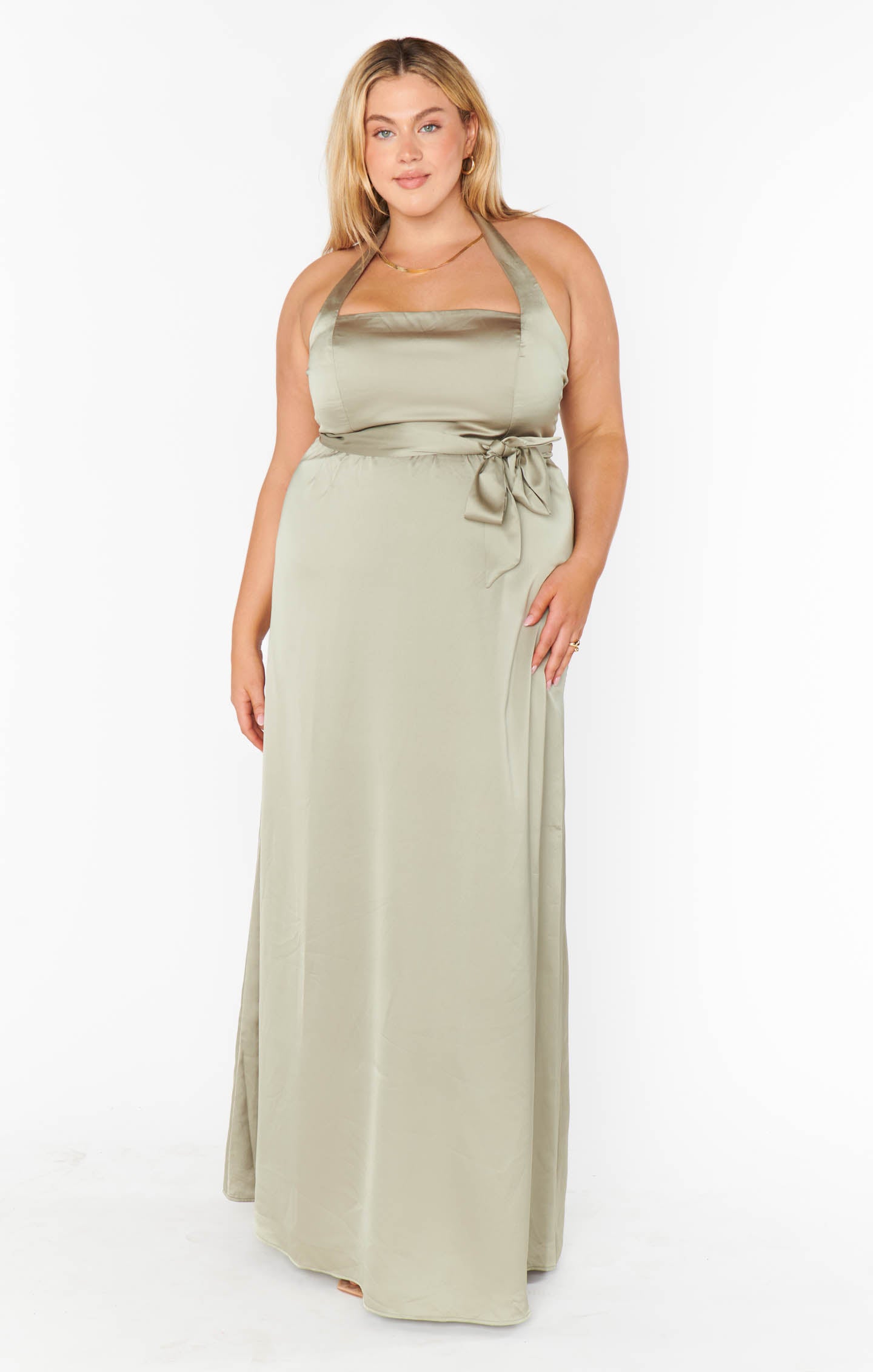 Hazel Halter Maxi Dress ~ Moss Green Luxe Satin