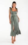 Fitted Slit Flowy Satin Smocked Dress With a Bow(s) and a Sash by Show Me Your Mumu