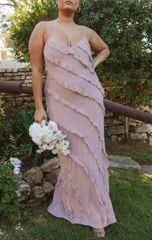 romance ruffle dress ~ neutral mauve chiffon