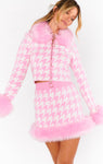 Fran Mini Skirt ~ Pink Houndstooth With Faux Fur