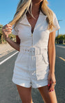 Collared Pocketed Fitted Belted Vintage Denim Romper With Pearls