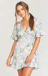 V-neck Floral Print Short Self Tie Wrap Dress With Ruffles