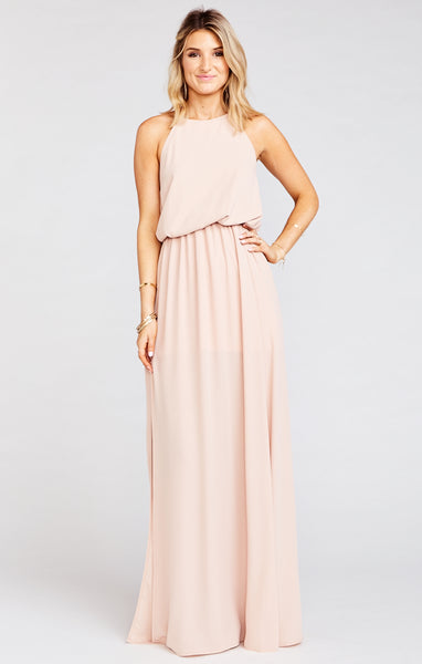 Elasticized Waistline Halter High-Neck Bridesmaid Dress With a Sash