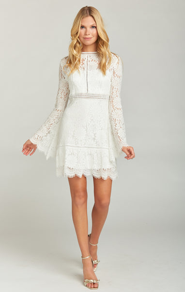 Lace Bell Sleeves Sheer High-Neck Straight Neck Short Dress