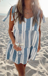 V-neck Short Striped Print Bateau Neck Self Tie Tiered Flowy Cover Up