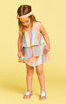 Striped Print Tiered Linen Dress With Ruffles