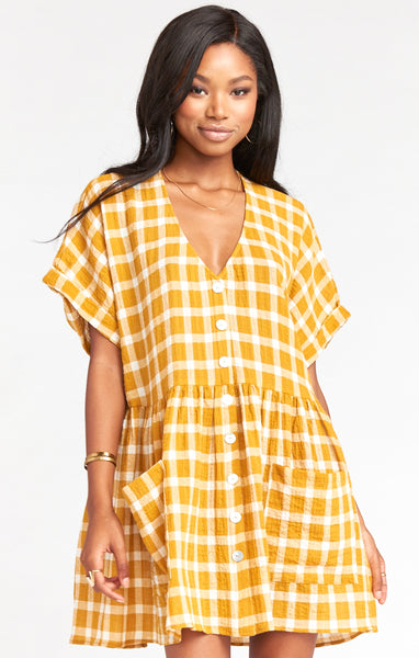 Plaid Print Flowy Button Front Pocketed Dress