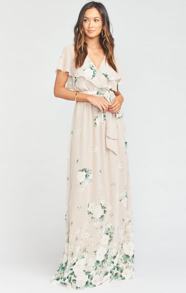 Flutter Sleeves Elasticized Waistline Wrap Maxi Dress With a Sash and Ruffles