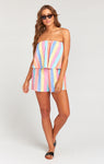 Strapless Striped Print Linen Romper