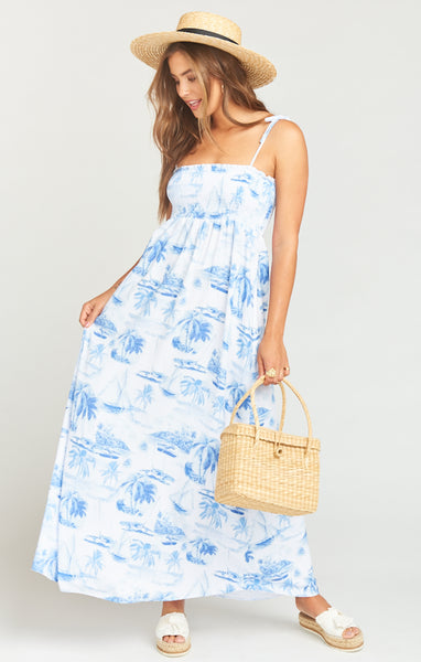 Off the Shoulder Tie Waist Waistline Smocked Flowy Maxi Dress