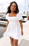 Smocked Square Neck Short Linen Dress With Ruffles