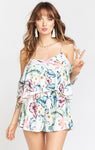 Flower(s) Swing-Skirt Off the Shoulder Rayon Romper With Ruffles