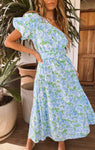 Floral Print Vintage Belted Tiered Puff Sleeves Sleeves One Shoulder Midi Dress