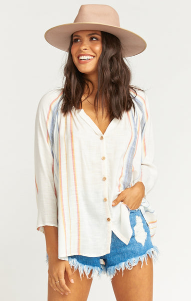 V-neck Striped Print Button Front Flowy Tunic