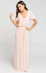 V-neck Elasticized Waistline Flutter Sleeves Maxi Dress