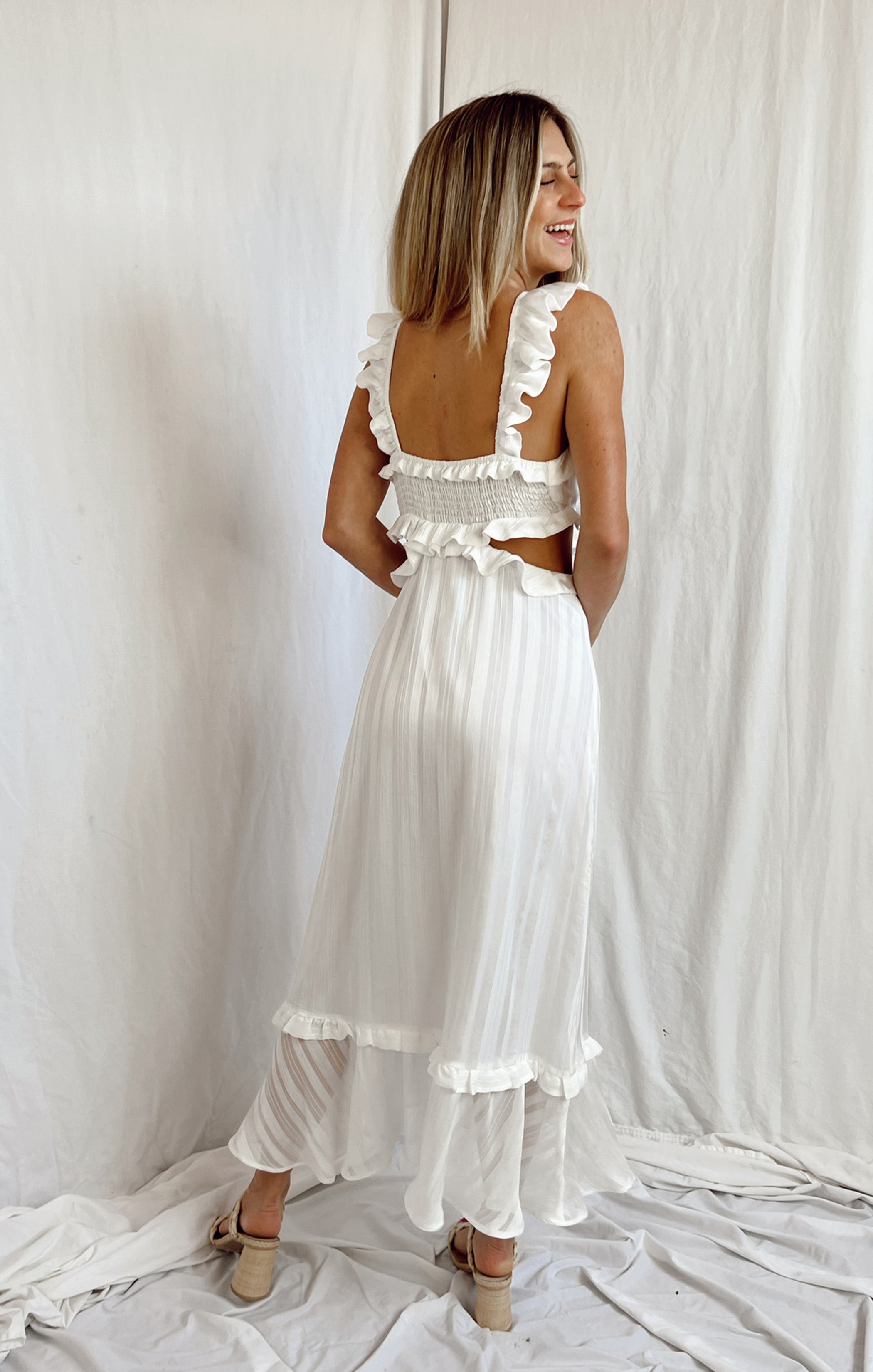 Lane Midi Dress ~ Flutter Stripe Chiffon White