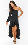 Satin One Shoulder High-Low-Hem Maxi Dress With Ruffles