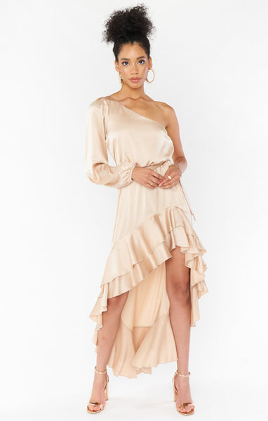 One Shoulder High-Low-Hem Satin Maxi Dress With Ruffles