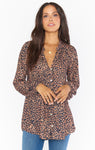 Animal Cheetah Print Flowy Button Front Collared Tunic With Ruffles