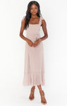 Chiffon Fitted Slit Flowy Smocked Square Neck Midi Dress With a Bow(s) and a Sash