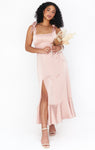 Flowy Fitted Slit Satin Smocked Square Neck Midi Dress With a Bow(s) and a Sash