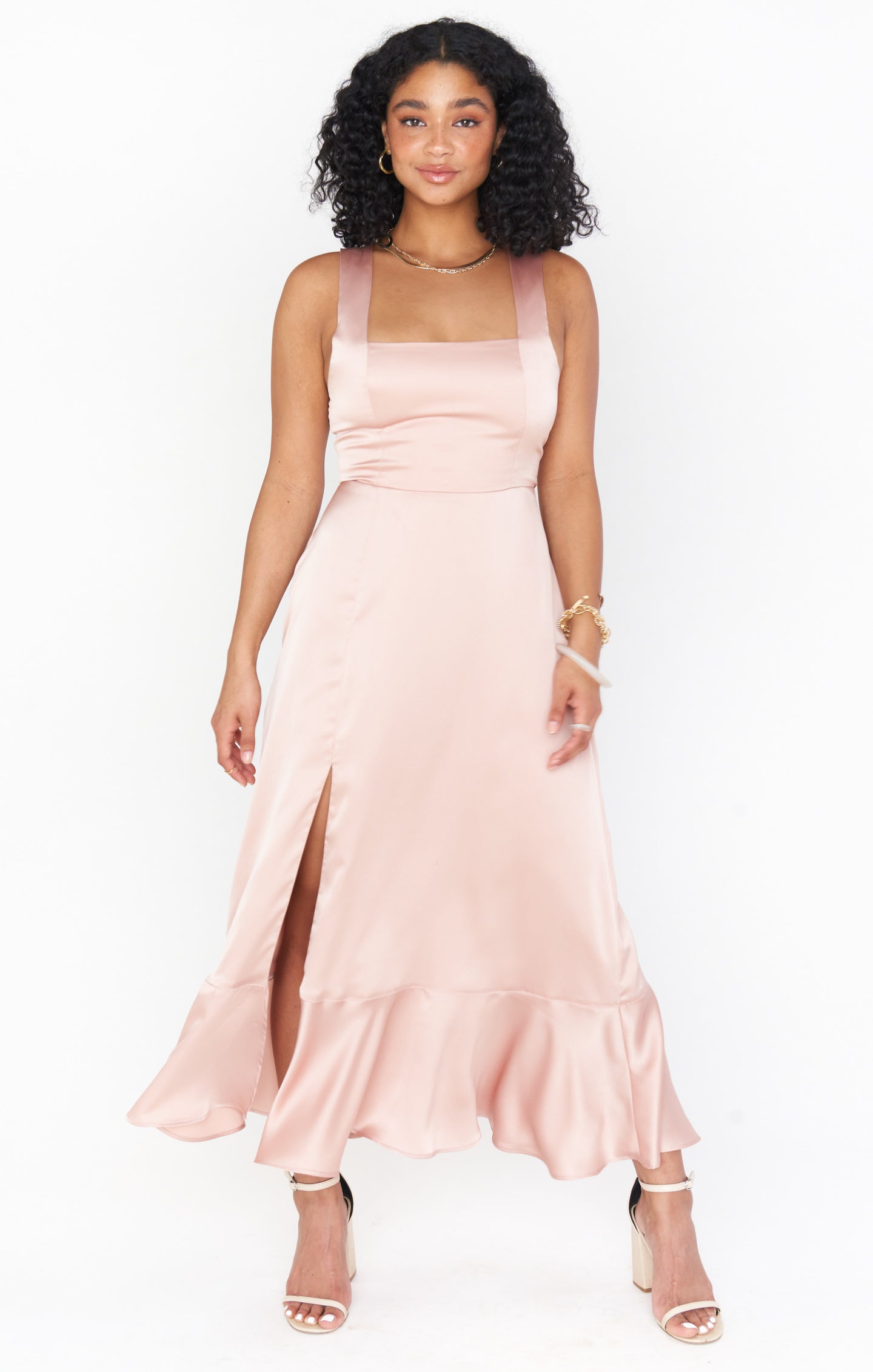 Claire Midi Dress ~ Rose Gold Luxe Satin