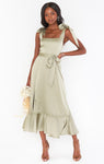 Satin Smocked Square Neck Flowy Fitted Slit Midi Dress With a Bow(s) and a Sash